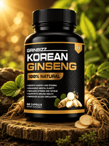 Grainbizz Korean Ginseng supplement bottle on a wooden surface with ginseng roots in the background.