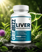 Supplement bottle labeled 'GRINBIZZ LIVER' on a natural background with plants and flowers.