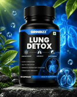 Grinbizz Lung Detox supplement bottle with nature and health imagery in the background