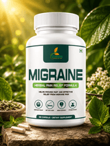 Bottle of migraine herbal pain relief formula with natural elements in the background