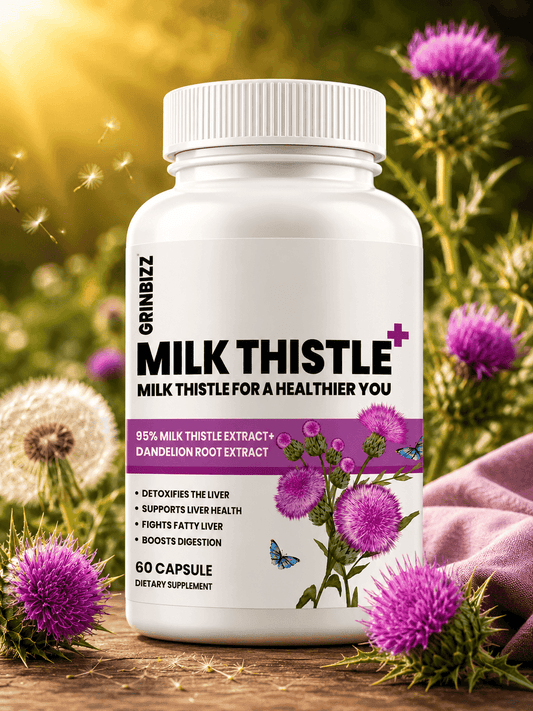Milk thistle supplement bottle with purple flowers in the background