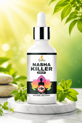 Bottle of 'Nasha Killer Drop' with natural elements on a blurred green background