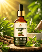 Bottle of Neem Tulsi Giloy Drop with green leaves and natural elements in the background