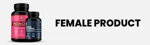Two supplement bottles with a label and text 'FEMALE PRODUCT' on a black background.