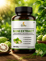 GrinBizz Noni Extract supplement bottle with greenery in the background