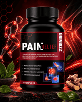GrinBizz Pain Relief supplement bottle with a dark background featuring a running person and骨骼.