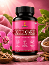 Pink supplement bottle labeled 'PCOD Care' with natural elements on a pink background