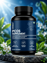 PCOS supplement bottle with a natural background