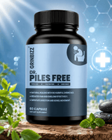 Supplement bottle labeled 'Dr. Piles Free' by Grinbizz on a natural background with plants and stones.