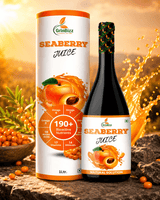 Seaberry juice bottle and packaging with GrinBizz branding against a natural background.