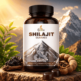 Bottle of Shilajit Gummies with GrinBizz branding against a mountainous background