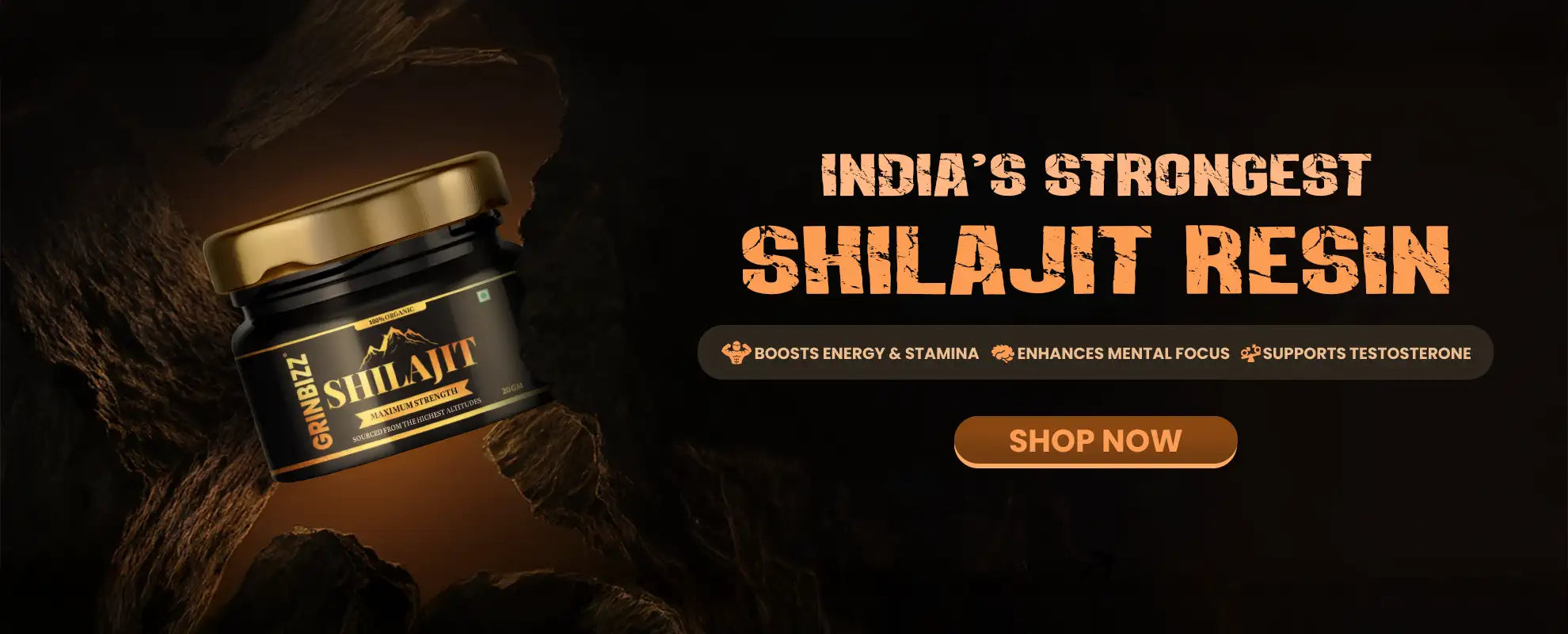 Shilajit resin product with promotional text on a dark background