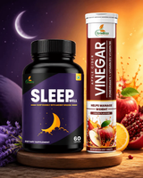 Sleep supplement bottle and GrinBizz vinegar packaging on a wooden surface with a night sky background.