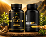 Two supplement bottles, 'Himalayan Shilajit' and 'Grinbizz Slim Fit+', on a wooden surface with a natural background.