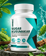 Supplement bottle labeled 'Sugar Kusumakar' with natural elements on a green background