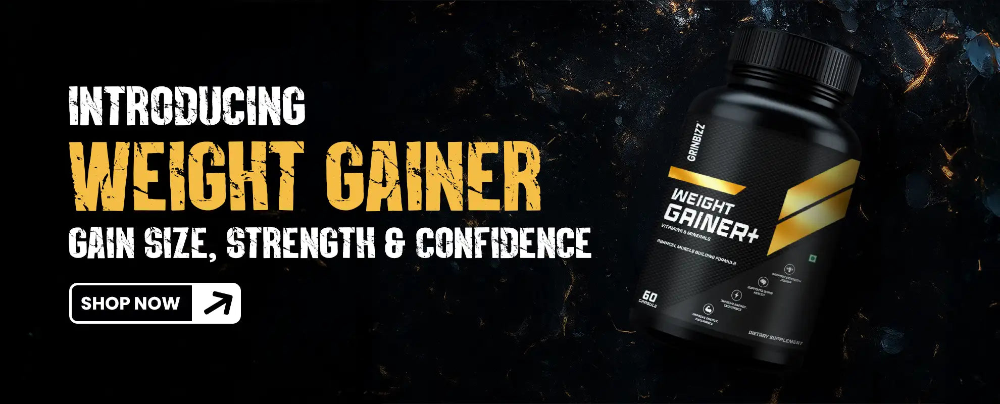 Weight gainer supplement bottle with promotional text on a dark background